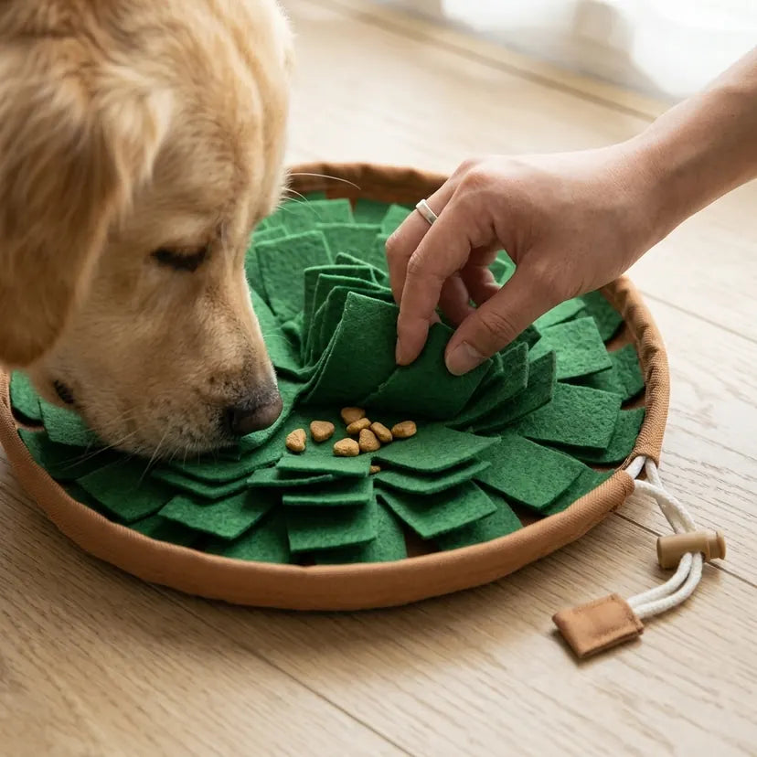 Close-up of felt strips parted by a hand to show kibble hidden underneath, the drawstring cord at the rim