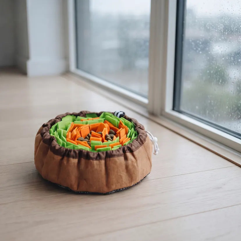 A green and orange felt snuffle bowl with kibble tucked between the strips, on a light oak floor beside a rainy window
