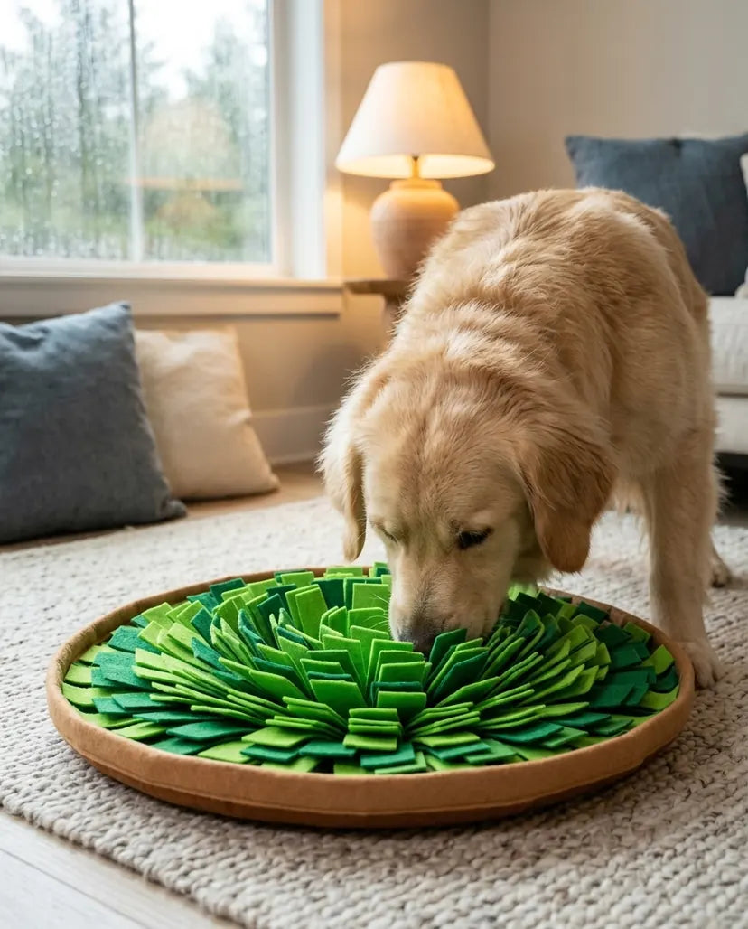 A golden dog nosing through a flat green felt snuffle mat on a rug in a cosy living room, rain on the window behind